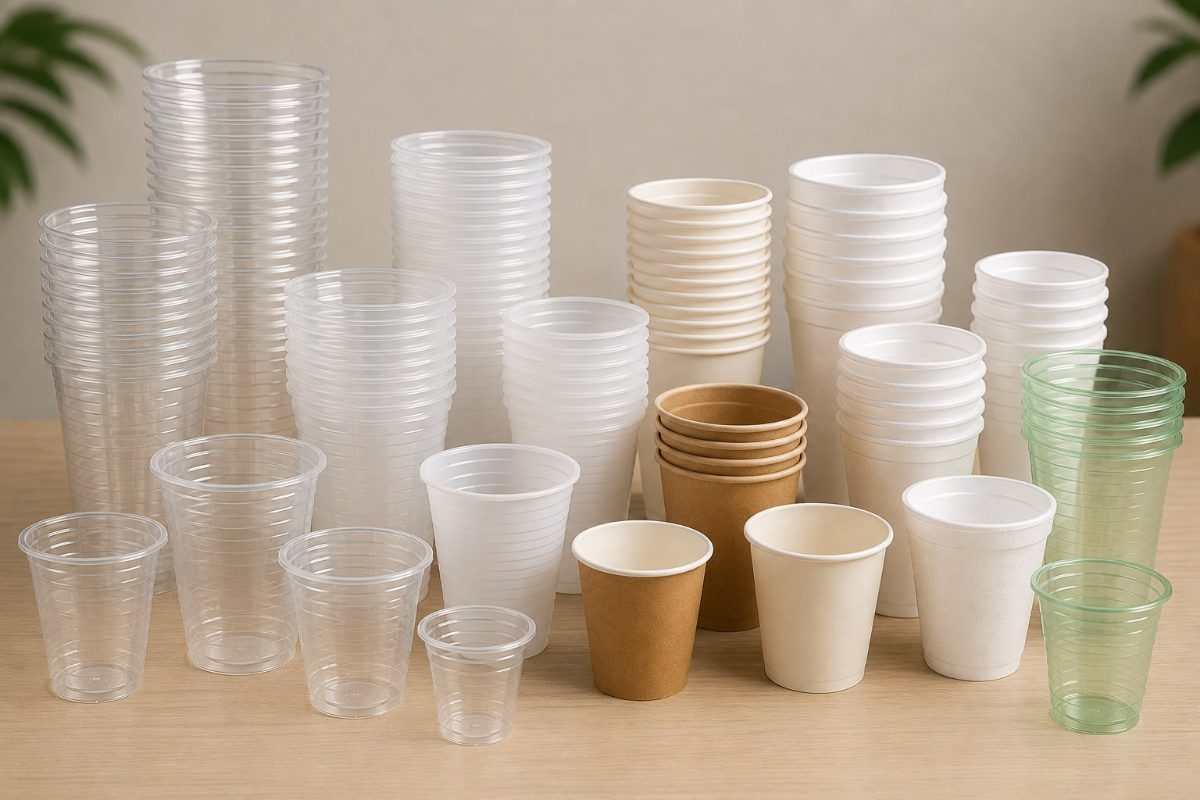 Copos descartáveis de vários materiais e tamanhos: plástico transparente, papel, isopor e biodegradável, empilhados sobre bancada