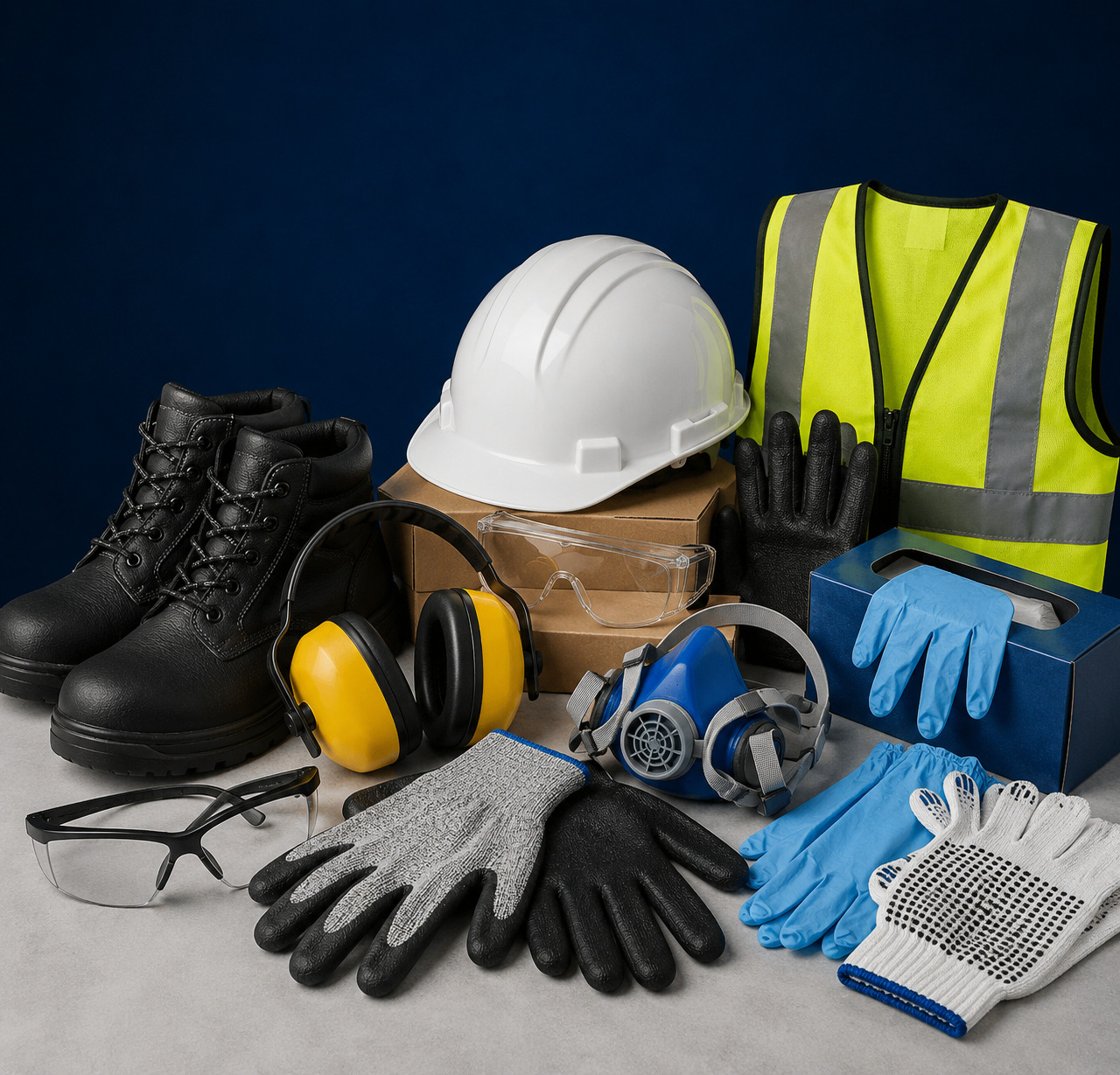 Conjunto de EPIs: capacete, botina, colete refletivo, protetor auricular tipo concha, óculos de segurança e luvas