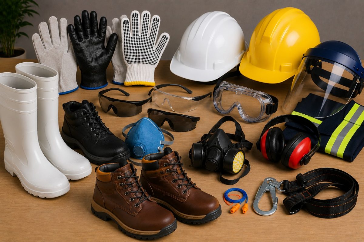 Botinas de couro, botas de PVC brancas, capacetes branco e amarelo, óculos de segurança, protetor facial, abafador tipo concha e protetor auricular plug