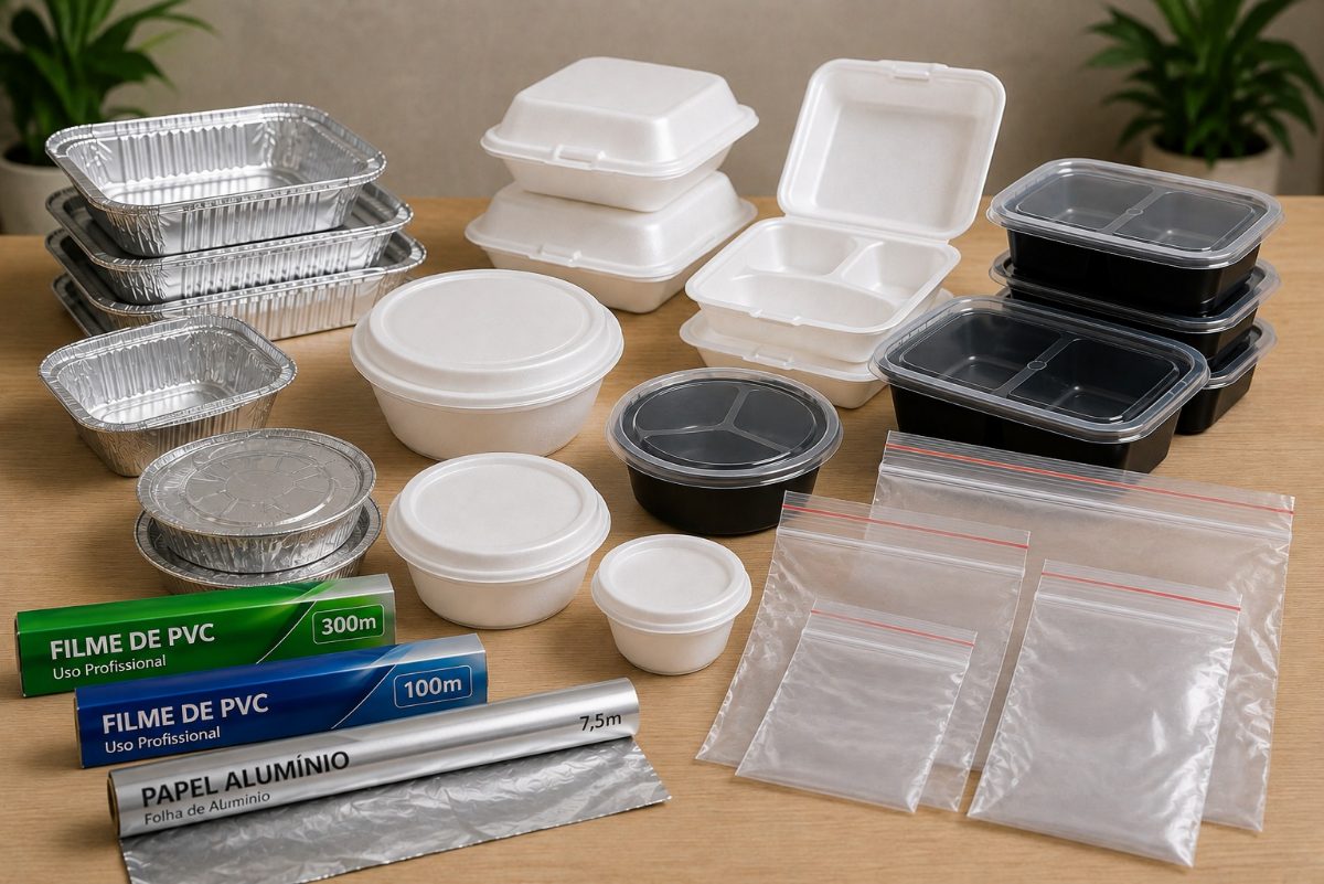 Marmitas de alumínio e de isopor, potes com divisórias, sacos com fecho, filme PVC e papel alumínio sobre bancada