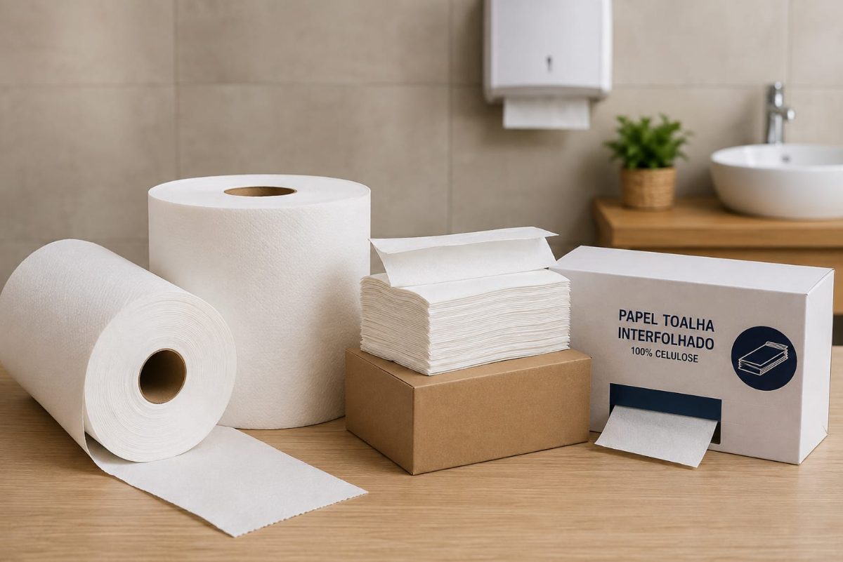 Bobinas de papel toalha e pacotes de papel interfolhado 100% celulose ao lado de dispenser de banheiro