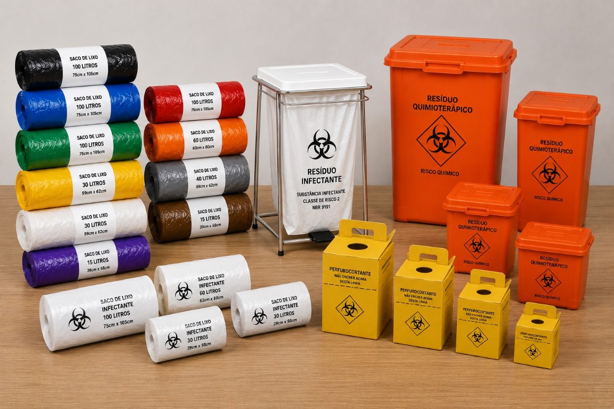 Rolos de saco de lixo de várias cores e litragens, sacos para resíduo infectante e coletores de perfurocortante