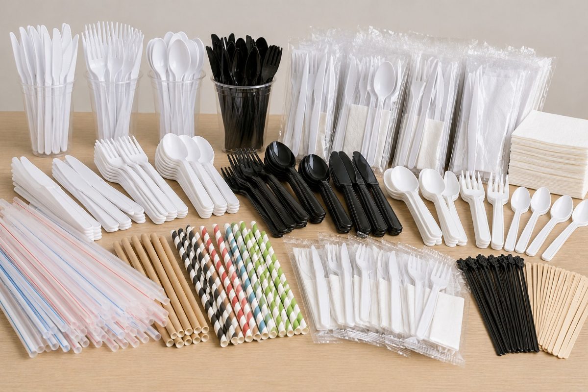 Talheres descartáveis brancos e pretos, kits embalados com guardanapo, canudos de papel e mexedores sobre bancada