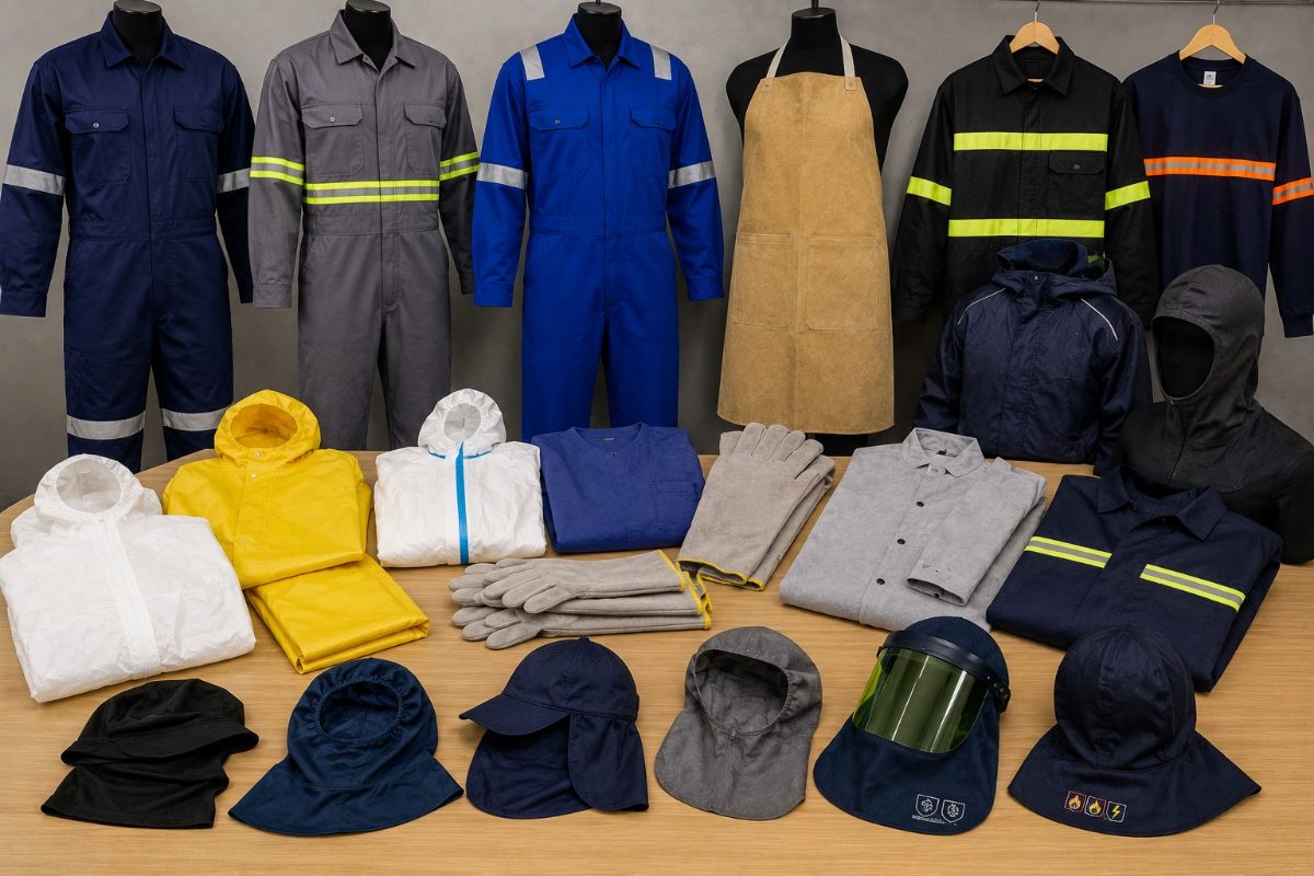 Macacões, conjuntos com faixa refletiva, aventais de raspa, capa de chuva e balaclavas da linha antichama